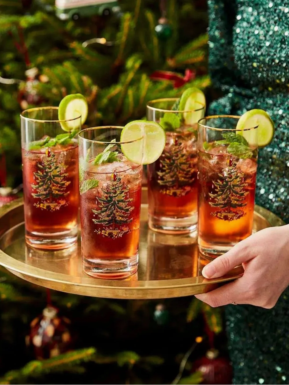 Set of 8 Spode Christmas Tree 22K Gold Rimmed 15oz Highball Glasses New in Box